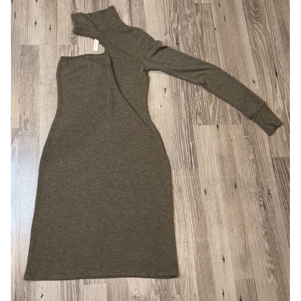 S-Twelve Olive Green One Shoulder Cutout Mock‎ Neck Long Sleeve Bodycon Dress S